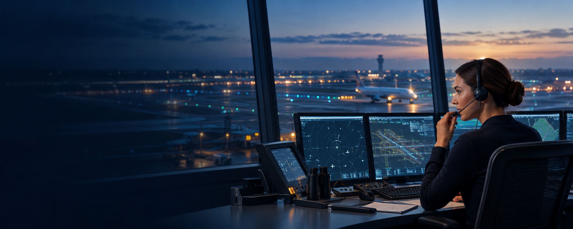 Air traffic controller speaking through a headset in a control tower overlooking an airport
